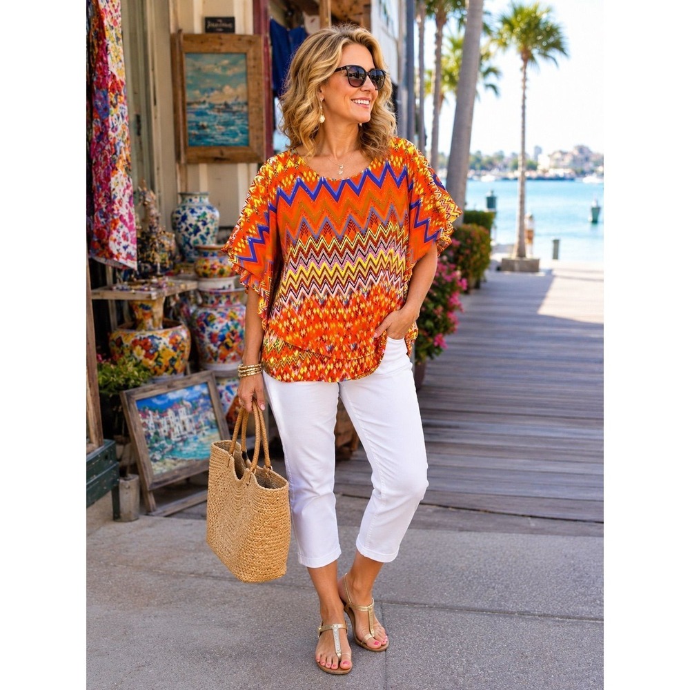 Nygård Women's Medium Orange Chevron Print Flutter Sleeve Blouse Rhinestone